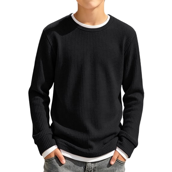 Grblisyd Boys' Crewneck Waffle Sweatshirts Kids Loose Long Sleeve Pullover Shirts Solid Drop Shoulder Soft Fashion Casual Streetwear