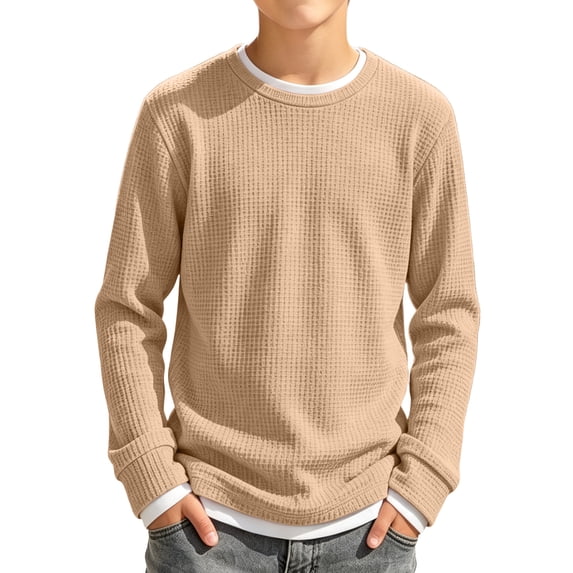 Grblisyd Boys' Crewneck Waffle Sweatshirts Kids Loose Long Sleeve Pullover Shirts Solid Drop Shoulder Soft Fashion Casual Streetwear