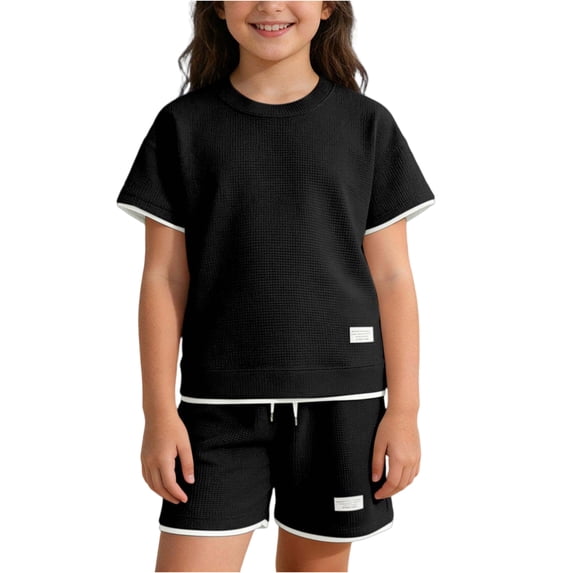 Grblisyd Boys Girls 2 Piece Outfits Waffle Knit Short Sleeve Crew Neck Top and Shorts Set Athletic Summer Clothes for Girls Size 10-12 Years