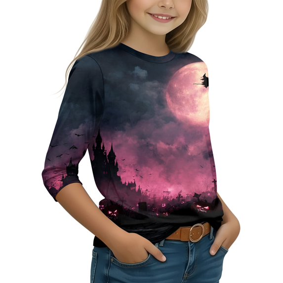 Grblisyd Boys Girls Halloween 3/4 Sleeve Shirt Pumpkin Ghost Graphic T-Shirt Tee Top Kid Fashion Fall Crew Neck Clothes