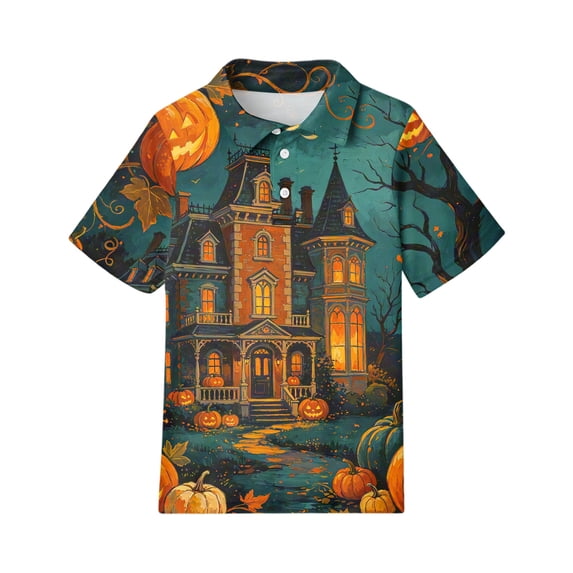 Grblisyd Boys Girls Polo Shirt Short Sleeve Halloween Pumpkin Ghost Print Shirt Soft Button Closure Collar Graphic Tee Top