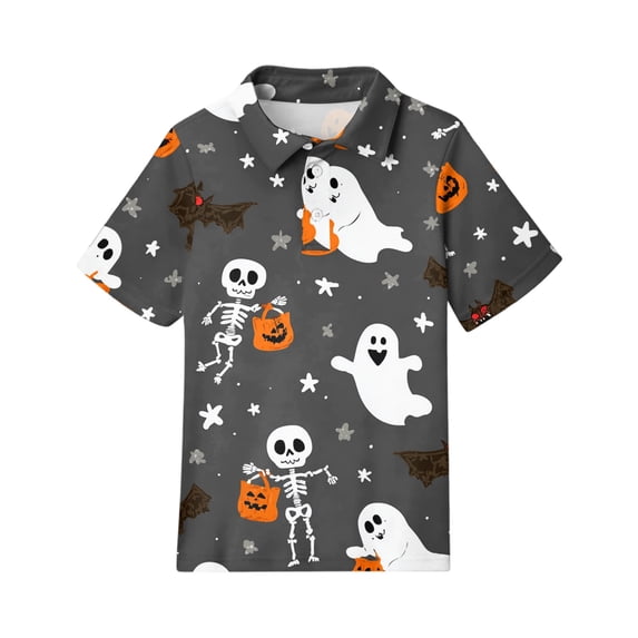 Grblisyd Boys Girls Polo Shirt Short Sleeve Halloween Pumpkin Ghost Print Shirt Soft Button Closure Collar Graphic Tee Top