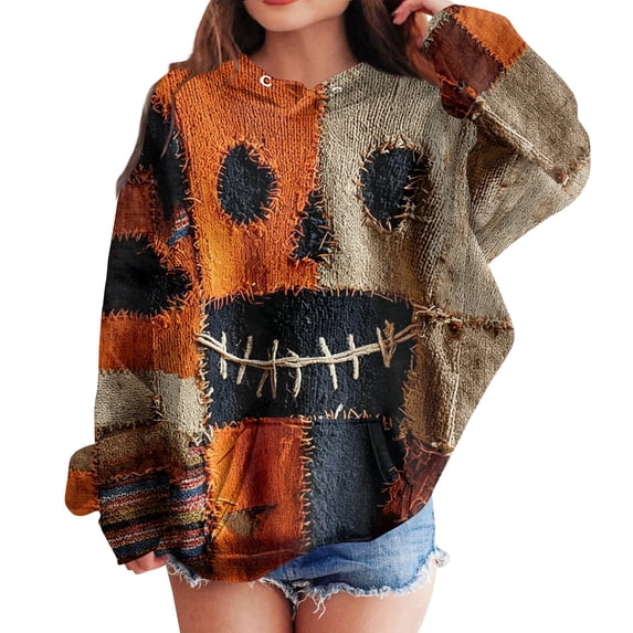 Grblisyd Boys Halloween Patchwork Stitch Smile Face Hoodies Kids Cute Hooded Sweatshirts Pullover Long Sleeve Tops with Kangaroo Pocket