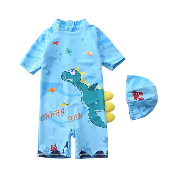 Grblisyd Boys Swimsuit One Piece Cute Cartoon Print Rash Guard Suits Short Sleeve Swimwear Kids Dinosaur Bathing Suit with Hat