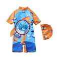 thumbnail image 1 of Grblisyd Boys Swimsuit One Piece Cute Cartoon Print Rash Guard Suits Short Sleeve Swimwear Kids Dinosaur Bathing Suit with Hat, 1 of 4