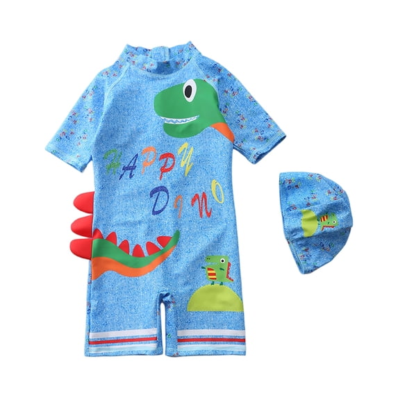 Grblisyd Boys Swimsuit One Piece Cute Cartoon Print Rash Guard Suits Short Sleeve Swimwear Kids Dinosaur Bathing Suit with Hat
