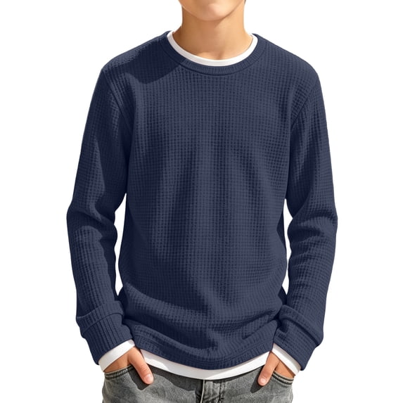 Grblisyd Boys Waffle Long Sleeve Shirts Crew Neck Tops Teen Boys Faux Two Piece Sweatshirt Kids Contrast Color Patchwork Layered Pullover