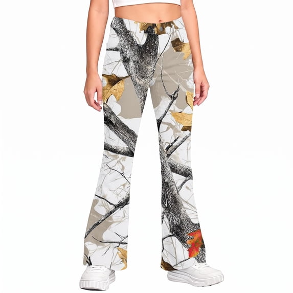 Grblisyd Camo Pants for Girls Flare High Elastic Waist Dress Trousers Fashion Maple Leaf Print Uniform Pants With Button