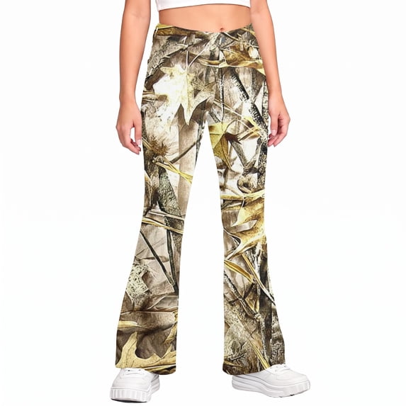 Grblisyd Camo Pants for Girls Flare High Elastic Waist Dress Trousers Fashion Maple Leaf Print Uniform Pants With Button