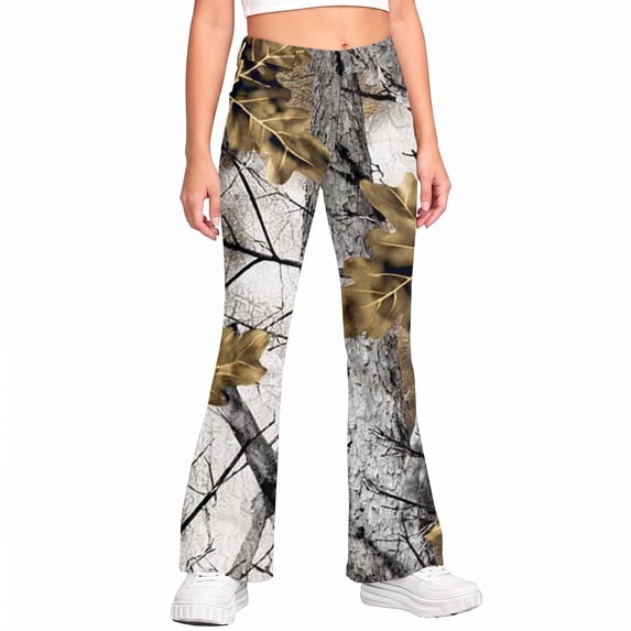 Grblisyd Camo Pants for Girls Flare High Elastic Waist Dress Trousers Fashion Maple Leaf Print Uniform Pants With Button