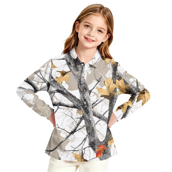 Grblisyd Camo Polo Shirt for Teen Girls Cute Maple Leaf Print Long Sleeve T Shirts Casual Fashion Pullover Tops
