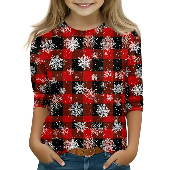 Grblisyd Christmas Gifts, Christmas Shirts for Girls 10-12 3/4 Sleeve Casual Graphic Tees Cute Christmas Penguin Print T-Shirts Crewneck Tops 2t-8t Watermelon Red 7-8 Y