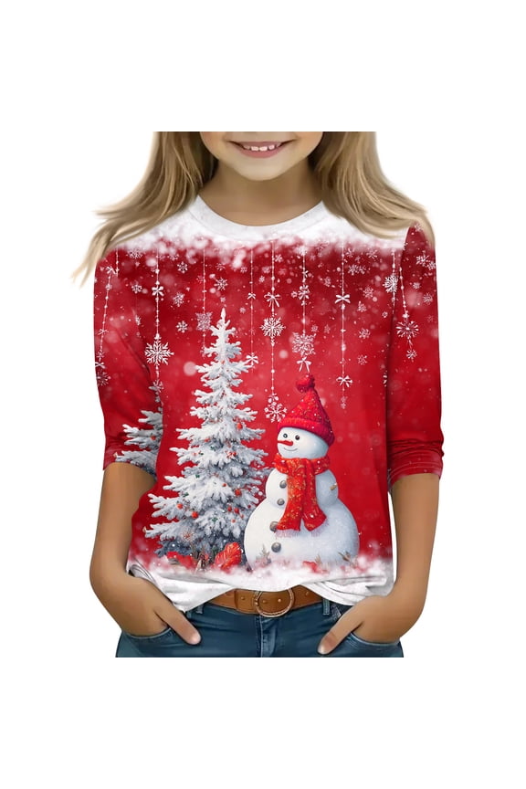 Christmas Gifts, Christmas Shirts for Girls 3/4 Sleeve Casual Graphic Shirts Cute Shiny Xmas Tree Print T Shirts Crewneck Holiday Tops Vermilion 9-10 Y