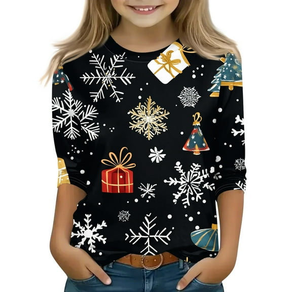 Grblisyd Christmas Gifts for Grandkids, Christmas Shirts for Girls 2t 3/4 Sleeve Casual Graphic Shirts Cute Glitter Xmas Tree Print T Shirts Crewneck Holiday Tops Black 11-12 Y