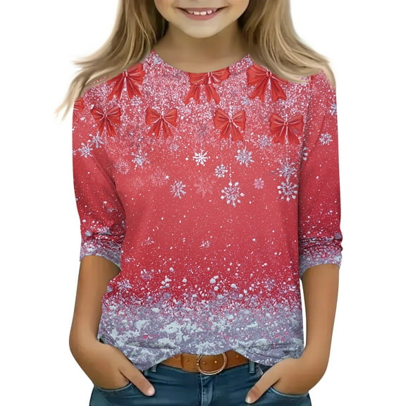 Grblisyd Christmas Gifts for Grandkids, Christmas Shirts for Girls Size 10-12 3/4 Sleeve Soft Graphic Tees Cute Shiny Snowflake Print Tshirts Crewneck Tops 2t-8t Gray 5-6 Y