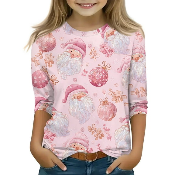 Grblisyd Christmas Gifts for Kids, Christmas Shirts for Girls Size 10-12 3/4 Sleeve Casual Graphic Shirts Cute Snowflake Santa Graphic T-Shirts Crewneck Tops 2t-8t Watermelon Red 6-7 Y