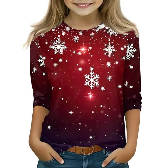 Grblisyd Christmas Gifts for Kids, Christmas Shirts for Girls Size 10-12 3/4 Sleeve Casual Graphic Tees Cute Shiny Xmas Tree Print T-Shirts Crewneck Holiday Tops Wine 9-10 Y
