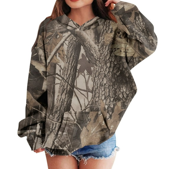 Grblisyd Cute Camo Hoodies for Teen Girls Dressy Casual Long Sleeve Oversized Trendy Maple Leaf Print Hooded Sweatshirts Essentials 2025 Fall Sweaters Brown 160