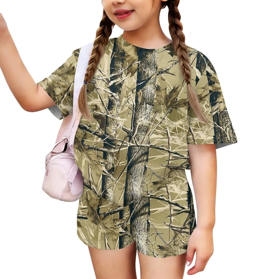 Grblisyd Cute Outfits for Girls 10-12 Camo Crew Neck Short Sleeve Maple Leaf Print Tops and Elastic Waist Shorts