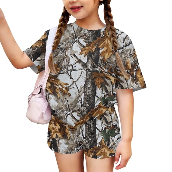 Grblisyd Cute Outfits for Girls 10-12 Camo Crew Neck Short Sleeve Maple Leaf Print Tops and Elastic Waist Shorts