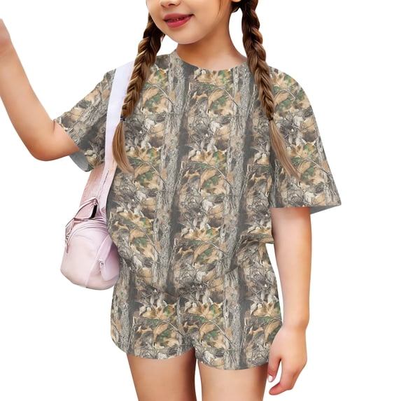 Grblisyd Cute Outfits for Girls 10-12 Camo Crew Neck Short Sleeve Maple Leaf Print Tops and Elastic Waist Shorts