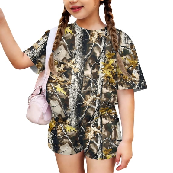 Grblisyd Cute Outfits for Girls 10-12 Camo Crew Neck Short Sleeve Maple Leaf Print Tops and Elastic Waist Shorts