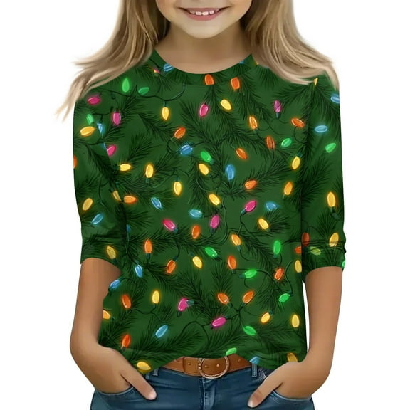Grblisyd Cute Tops for Girls 3/4 Sleeve Christmas Shirts Xmas Candy Gift Print Cute Graphic Shirts T Shirts Kids 10-12 Years Kids Clothes Dark Green 140