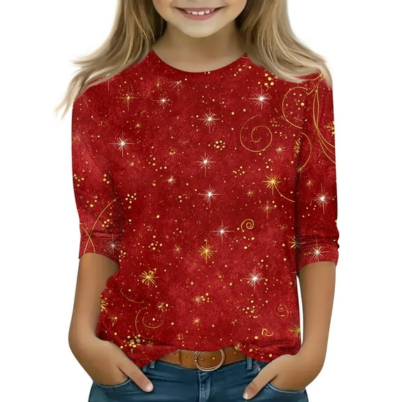 Grblisyd Cute Tops for Teen Girls Kids 10-12 Years 3/4 Sleeve Christmas Shirts Shiny Snowflake Print Casual Graphic Shirts T Shirts Cute Kids Clothes Red 140