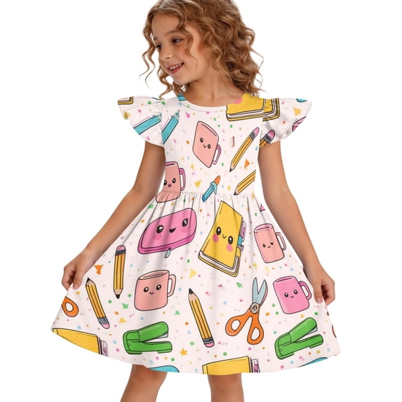 Grblisyd Dresses for Girls Back to School Pencil School Bus Print Dress Summer Flutter Sleeve A Line Dresses Outfits 7-8T
