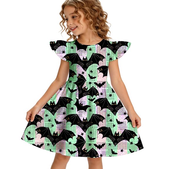 Grblisyd Dresses for Girls Halloween Flutter Sleeve Crew Neck A-line Dress Cute Pumpkin Ghost Spider Print Princess Dresses