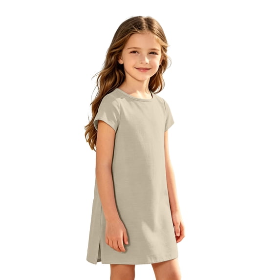Grblisyd Dresses for Girls Kids Casual Crewneck Loose Short Sleeve Dress Solid Color Midi Dress 10-12 Years