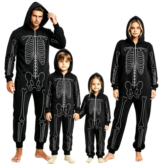 Grblisyd Family Matching Halloween Jumpsuit Long Sleeve Skeleton Onesie Pajamas Zip Up Hooded Loungewear