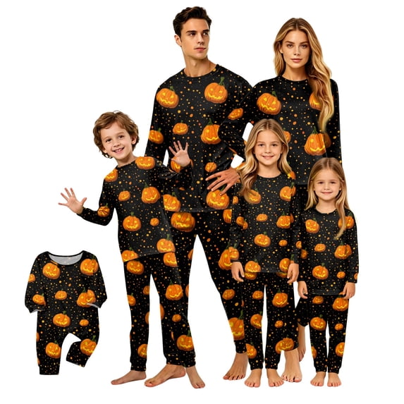 Grblisyd Family Matching Halloween Loungewear Set Long Sleeve Round Neck Sleepwear Cute Funny Pumpkin Print Fashion Holiday Family Nightwear
