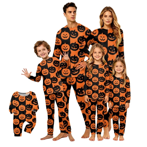 Grblisyd Family Matching Halloween Loungewear Set Long Sleeve Round Neck Sleepwear Cute Funny Pumpkin Print Fashion Holiday Family Nightwear