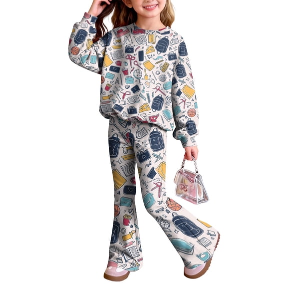 Grblisyd First Day of School Outfits for Girls Kids 2 Piece Crew Neck Long Sleeve Sweatshirt & Elastic Waist Flare Pants Fall Winter Clothing for 2-8Y
