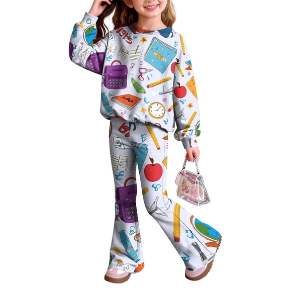Grblisyd First Day of School Outfits for Girls Cute Stationery Print Crew Neck Long Sleeve Top and Flared Leg Pants Fall Clothing Set