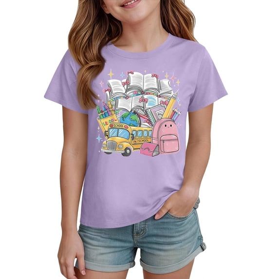 Grblisyd First Day of School Shirts for Girls Boys Kid Cute Cartoon Print Crew Neck Short Sleeve Back to School Top