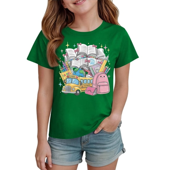 Grblisyd First Day of School Shirts for Girls Boys Kid Cute Cartoon Print Crew Neck Short Sleeve Back to School Top