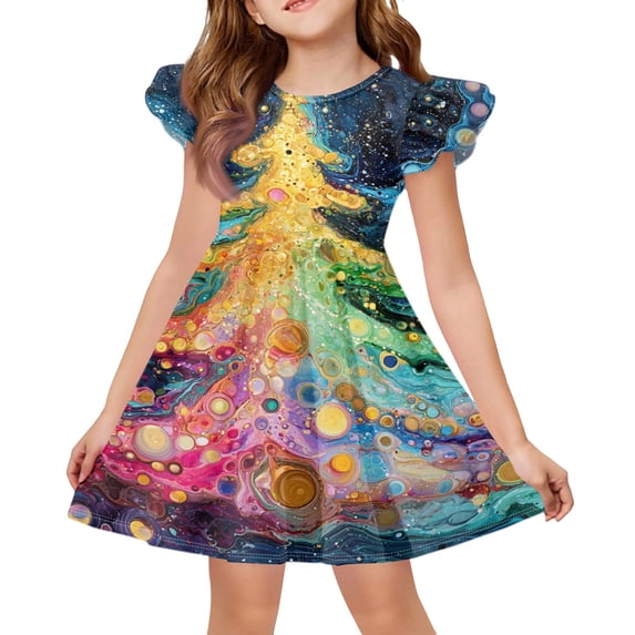 Grblisyd Girl Christmas Dress Little Kids Cute Flutter Sleeve A-Line Flowy Beach Dresses Fashion Casual Midi Sundress