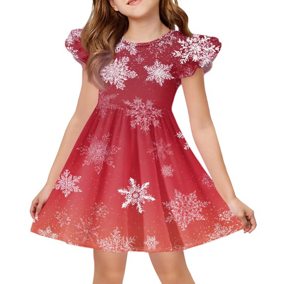 Grblisyd Girl Christmas Dress Little Kids Cute Flutter Sleeve A-Line Flowy Beach Dresses Fashion Casual Midi Sundress