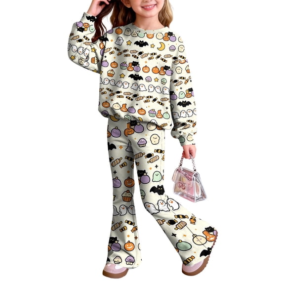 Grblisyd Girl Halloween Clothes Set Funny Graphic Long Sleeve T-Shirts Crew Neck Pullover Tops and Flare Pants Outfit Set