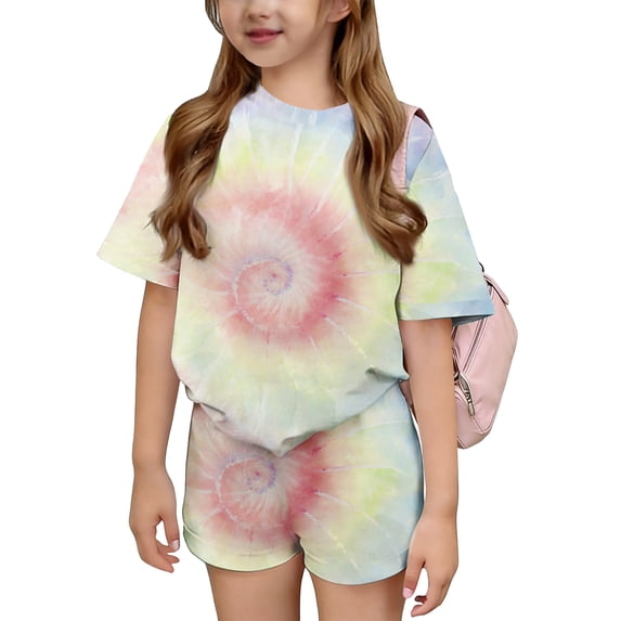 Grblisyd Girl Outfits Tie Dye Print Short Sleeve Top and Elastic Waist Shorts Summer Short Set