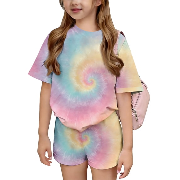 Grblisyd Girl Outfits Tie Dye Print Short Sleeve Top and Elastic Waist Shorts Summer Short Set