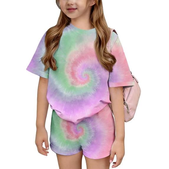Grblisyd Girl Outfits Tie Dye Print Short Sleeve Top and Elastic Waist Shorts Summer Short Set