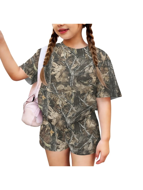 Girl's 2 Piece Outfits Maple Leaf Print Short Sleeve Crew Neck Camo T Shirt and Mini Shorts Clothing Set Tracksuit