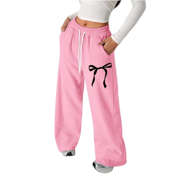 Grblisyd Girl's Bow Baggy Sweatpants Wide Leg Athletic Pants with Pockets Casual Drawstring Waist Back to School Trousers