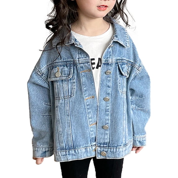 Grblisyd Girl's Ripped Flap Pocket Button Front Long Sleeve Collared Denim Jacket