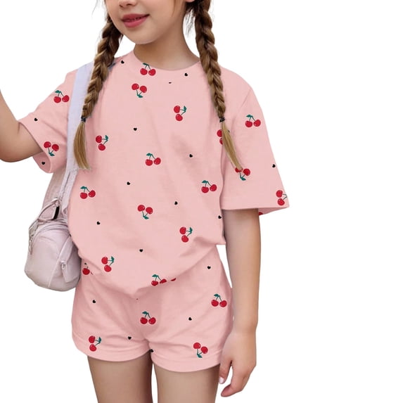 Grblisyd Girl's Summer Outfits Cute Fruit Print Short Sleeve Crew Neck T Shirt and Elastic Waist Mini Shorts Clothing Set