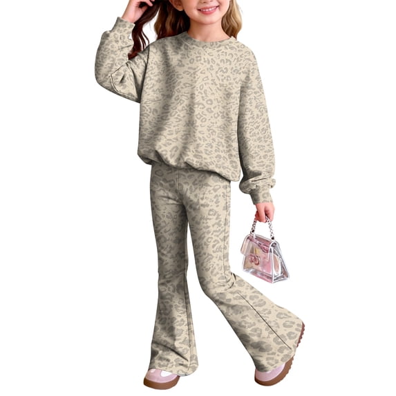 Grblisyd Girls 2 Piece Fall Outfits Fashion Leopard Print Crew Neck Long Sleeve Shirts & Flared Pants Clothing Set
