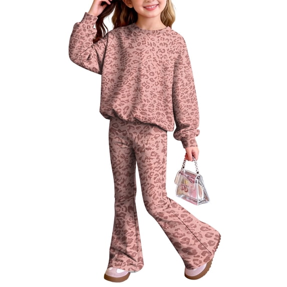 Grblisyd Girls 2 Piece Outfit Kids Fall Winter Leopard Print Sweatshirt Tops and Trendy Bell Bottom Pants Set Back to School Clothes